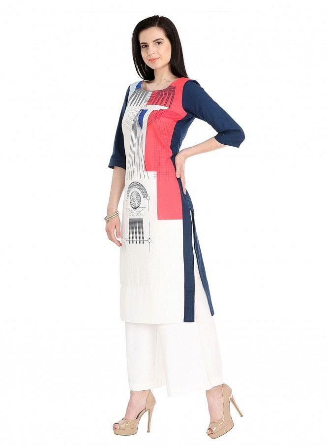 Blue Printed 3/4 Sleeve kurta - wforwoman