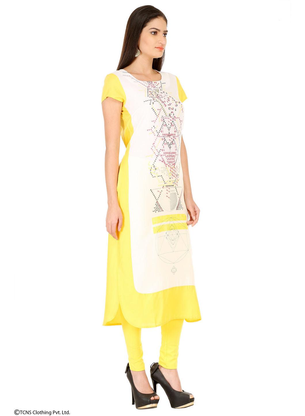 White &amp; Yellow Sleeveless Printed kurta - wforwoman