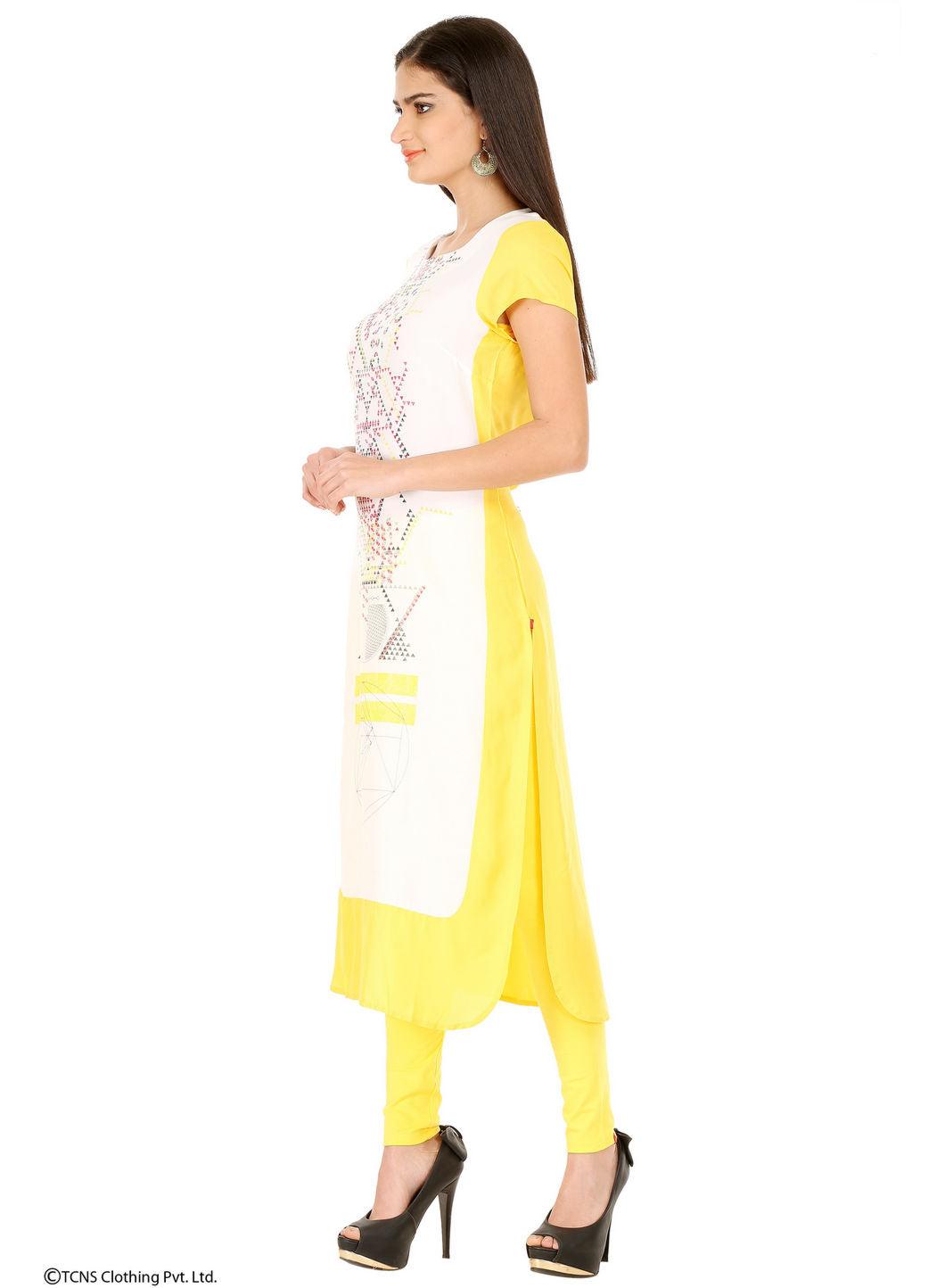 White &amp; Yellow Sleeveless Printed kurta - wforwoman