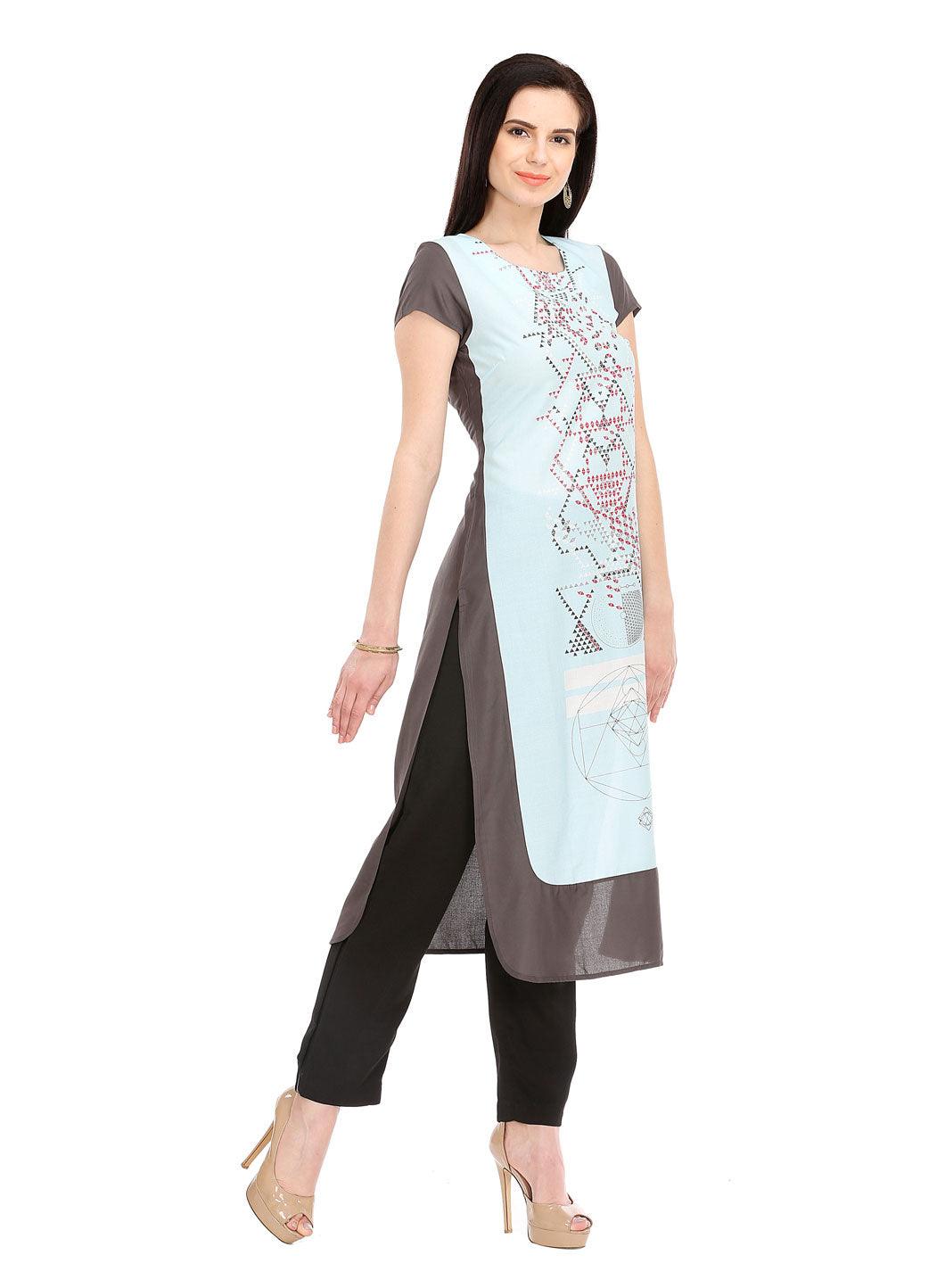 Grey Printed Short Sleeve kurta - wforwoman