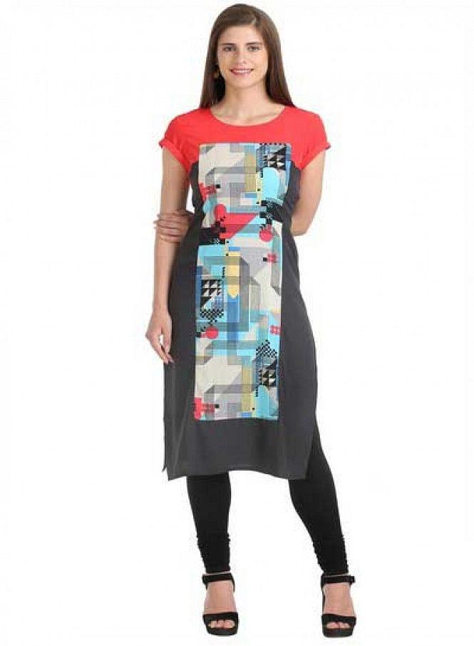 Grey &amp; Red Short Sleeve Printed kurta - wforwoman