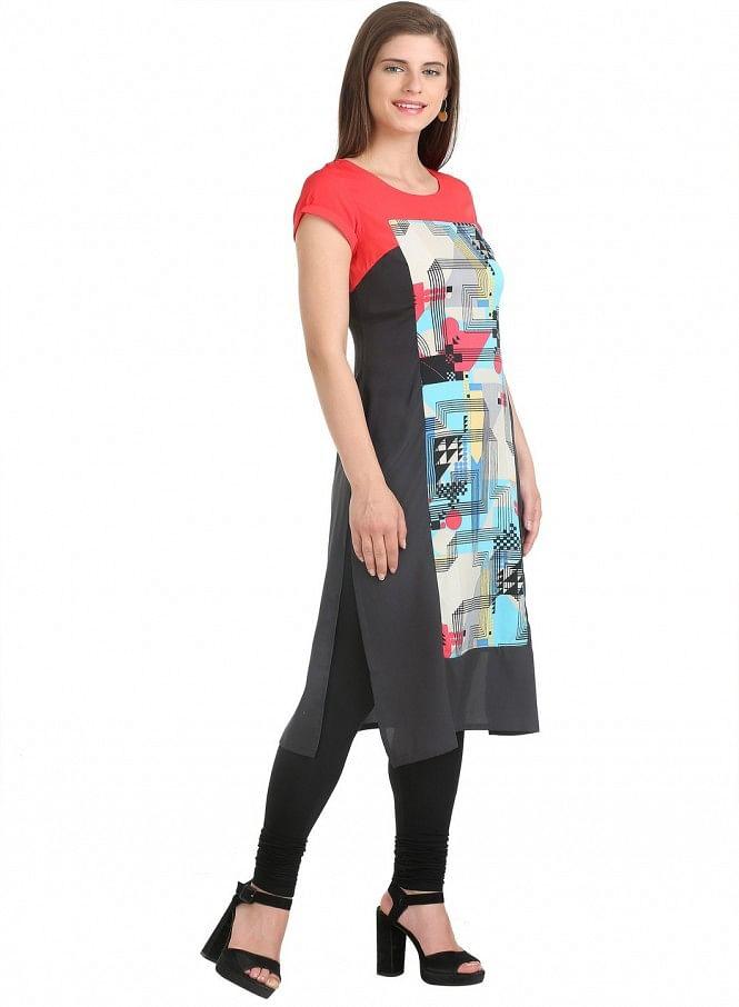 Grey &amp; Red Short Sleeve Printed kurta - wforwoman