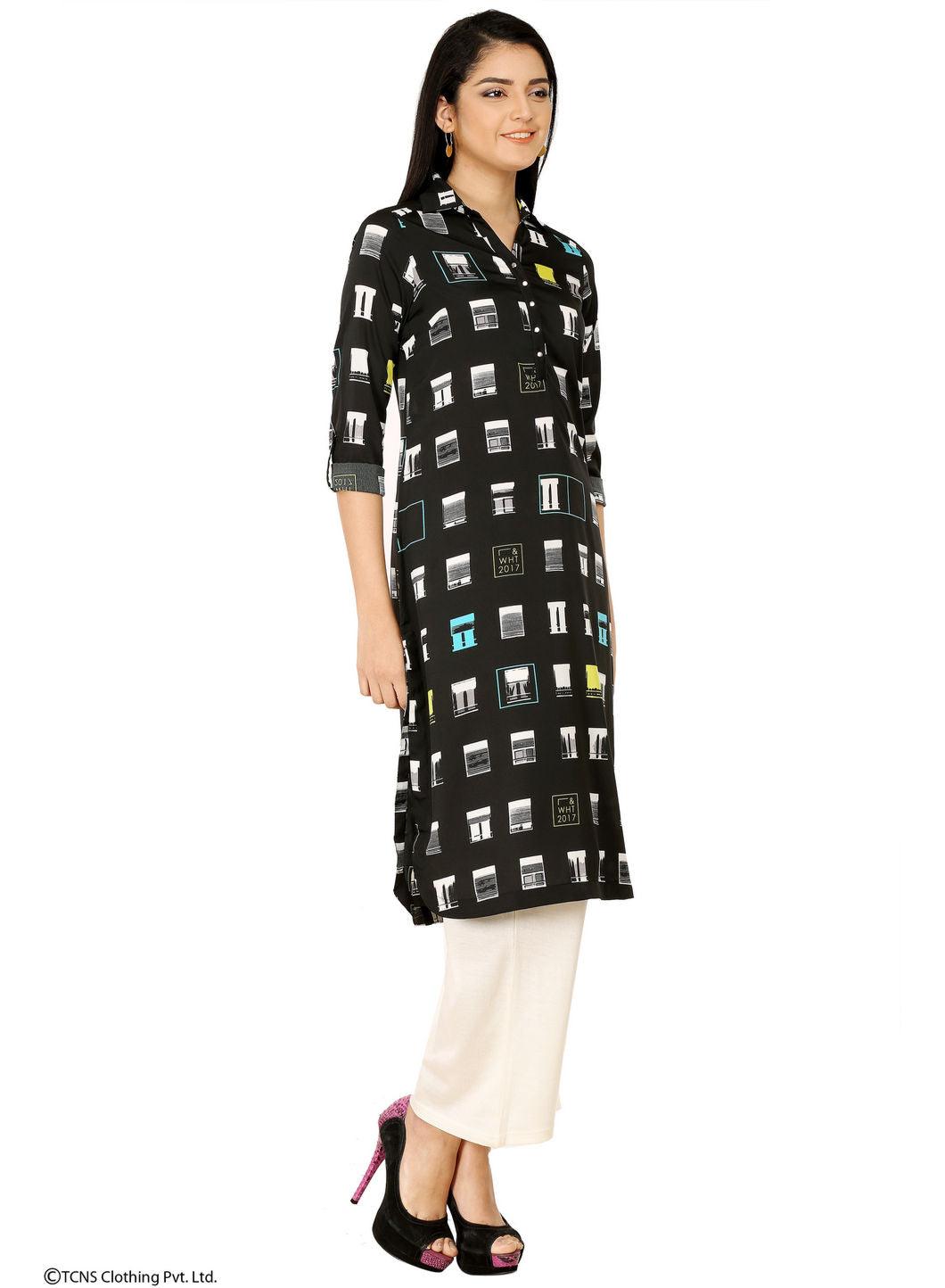 Black Printed Full Sleeve kurta - wforwoman