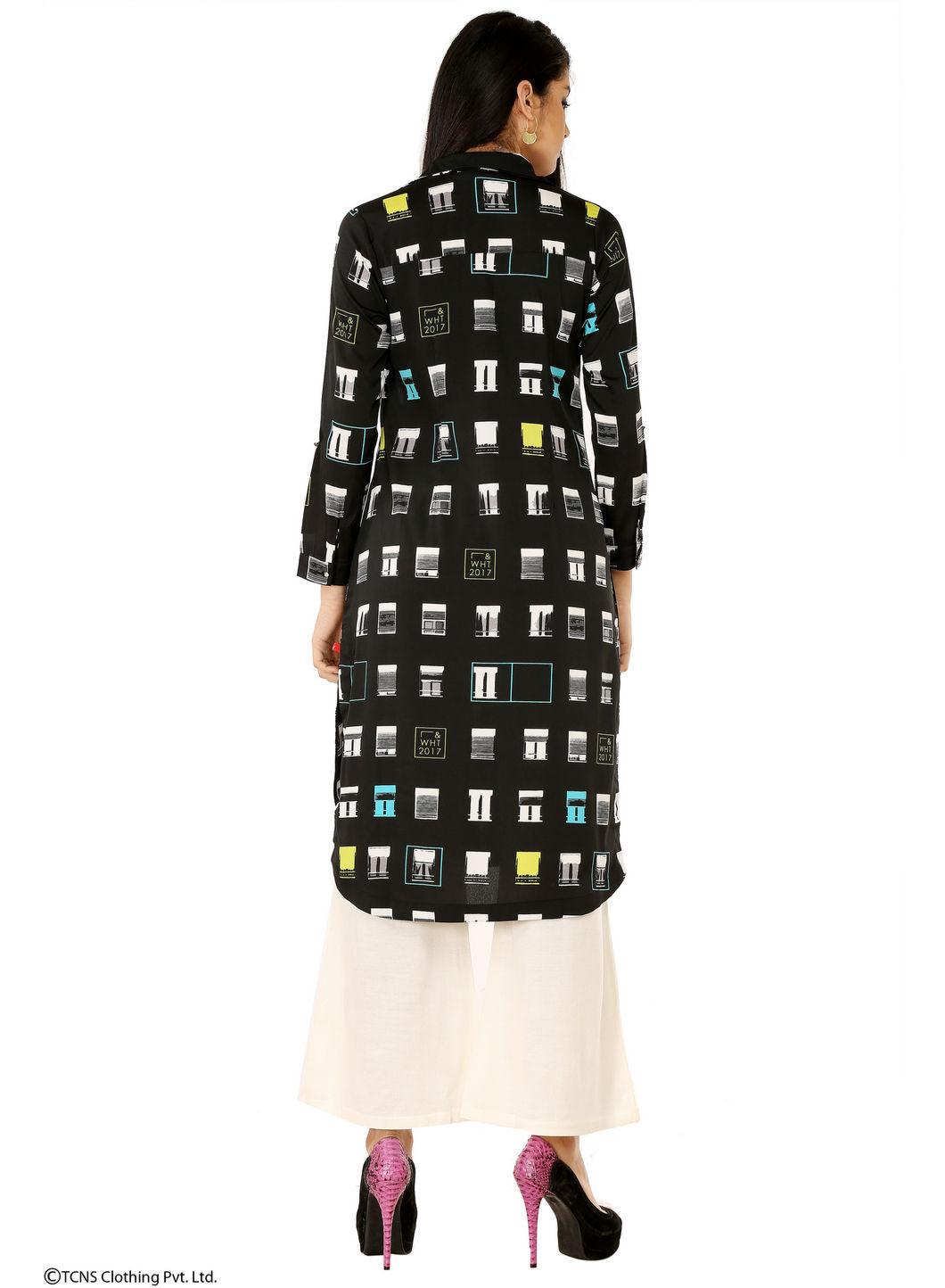 Black Printed Full Sleeve kurta - wforwoman