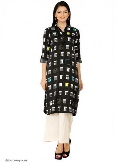 Black Printed Full Sleeve kurta - wforwoman