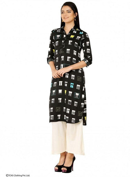 Black Printed Full Sleeve kurta - wforwoman