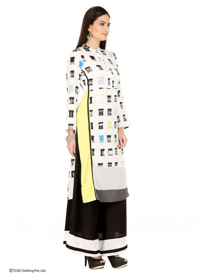 White Printed Full Sleeve kurta - wforwoman