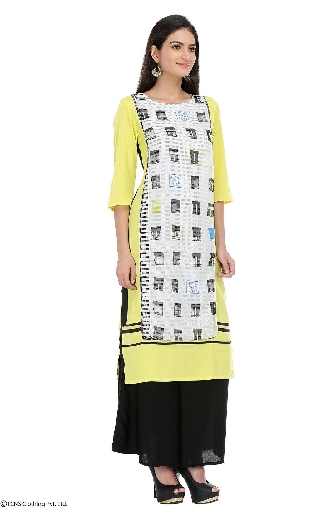 Yellow Printed 3/4 Sleeve kurta - wforwoman