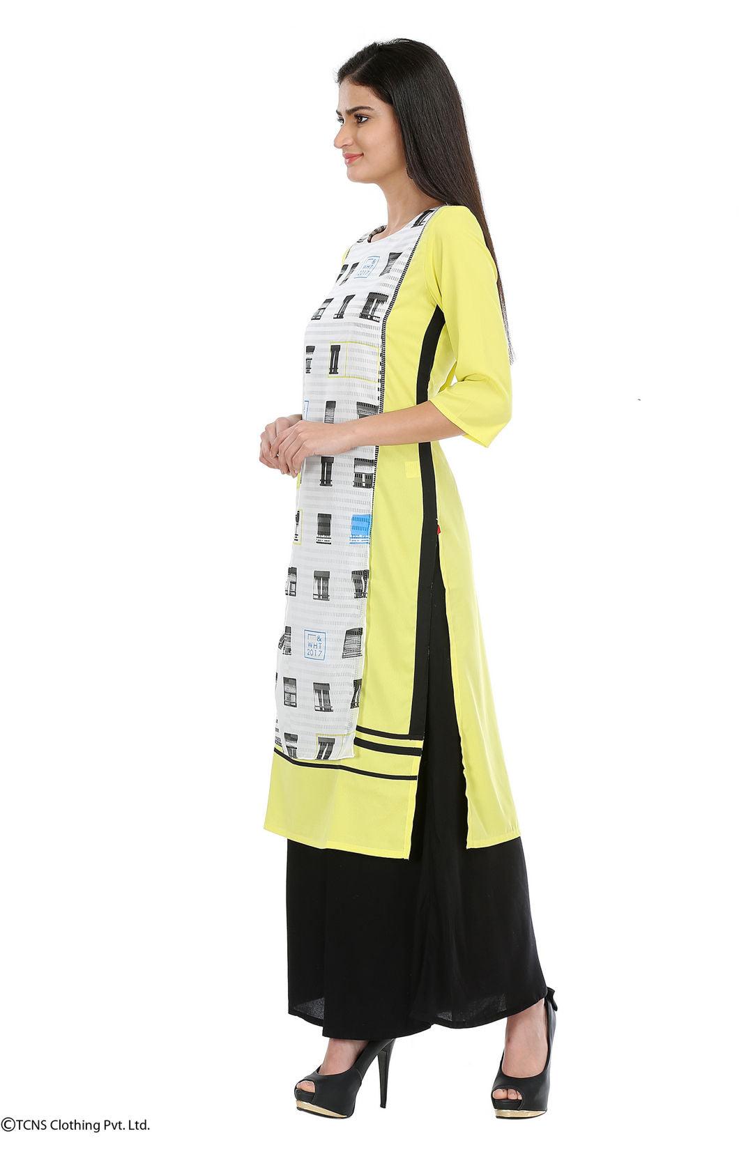 Yellow Printed 3/4 Sleeve kurta - wforwoman