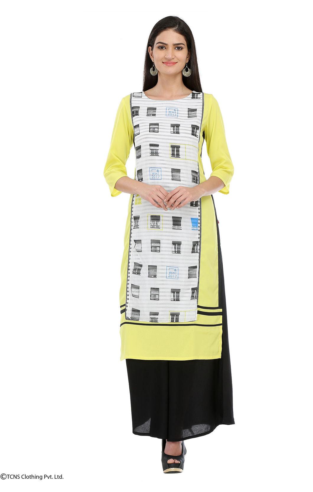 Yellow Printed 3/4 Sleeve kurta - wforwoman