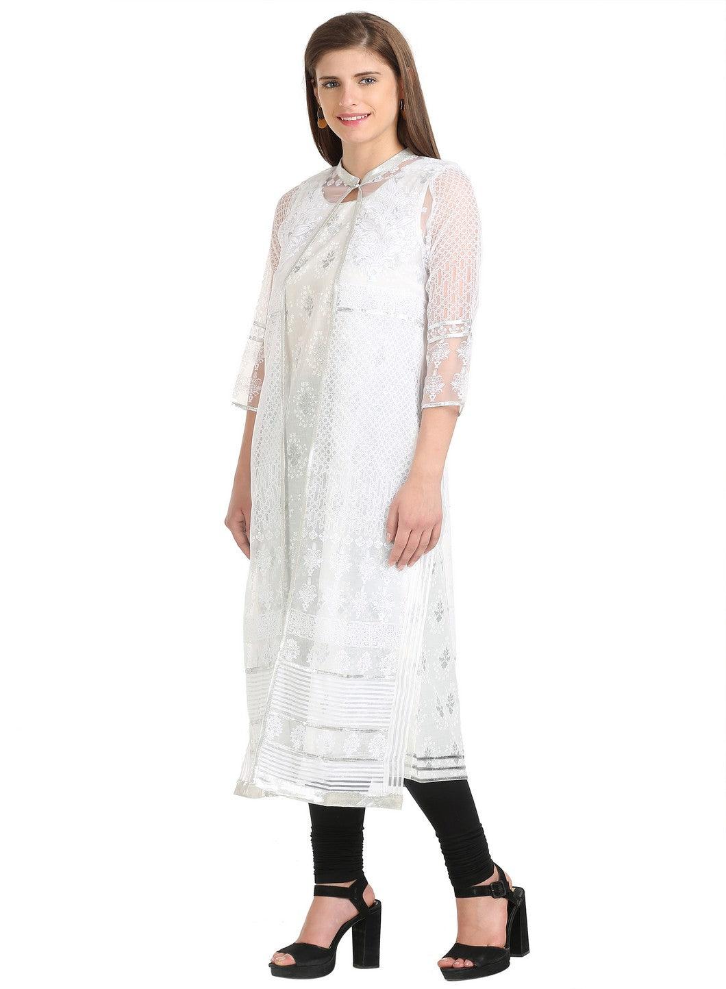 White Printed Sleeveless kurta With 3/4 Sleeve Gillet - wforwoman