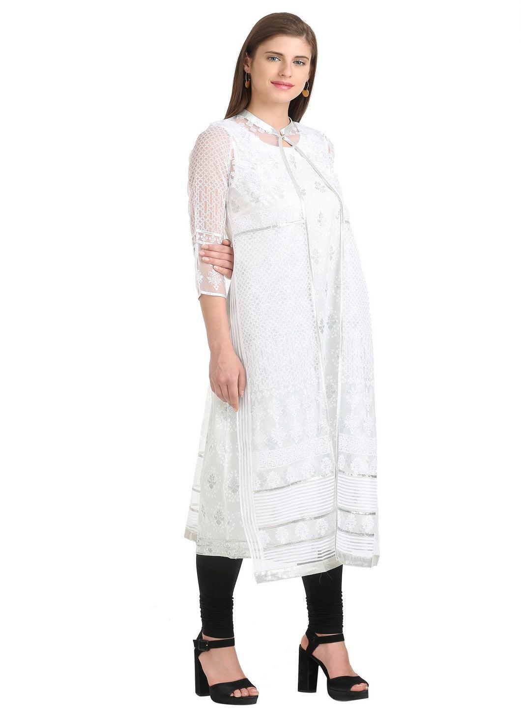 White Printed Sleeveless kurta With 3/4 Sleeve Gillet - wforwoman