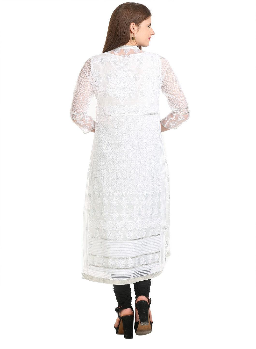 White Printed Sleeveless kurta With 3/4 Sleeve Gillet - wforwoman