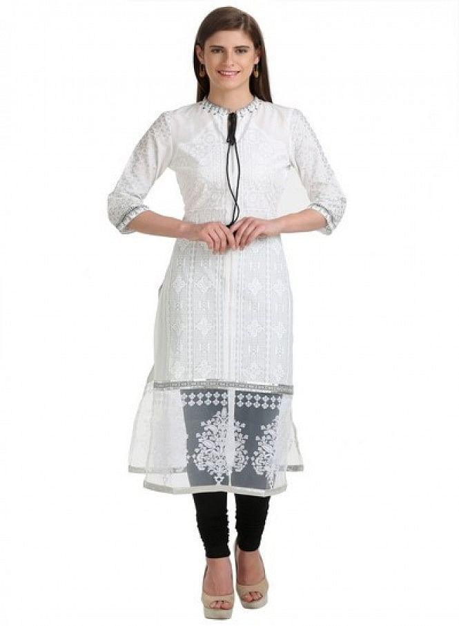 White 3/4 Sleeve Printed kurta - wforwoman