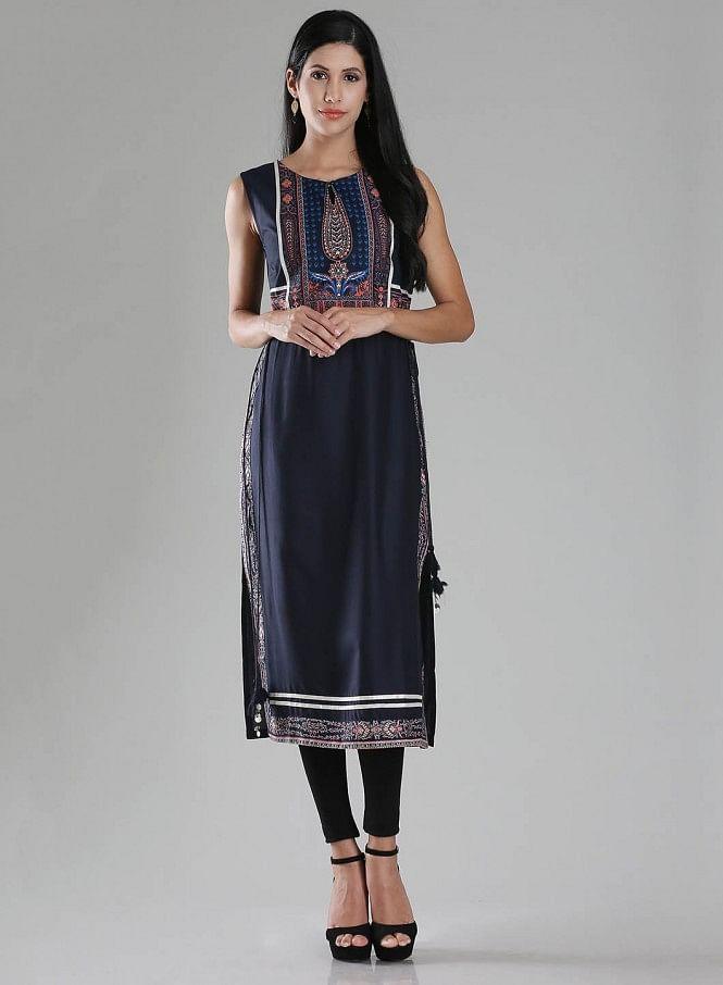 Navy Sleeveless Printed kurta - wforwoman