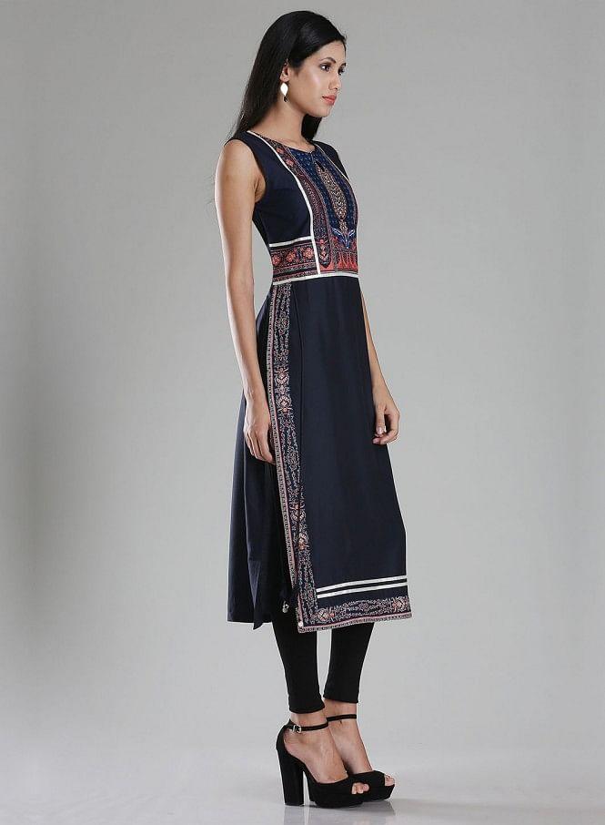 Navy Sleeveless Printed kurta - wforwoman