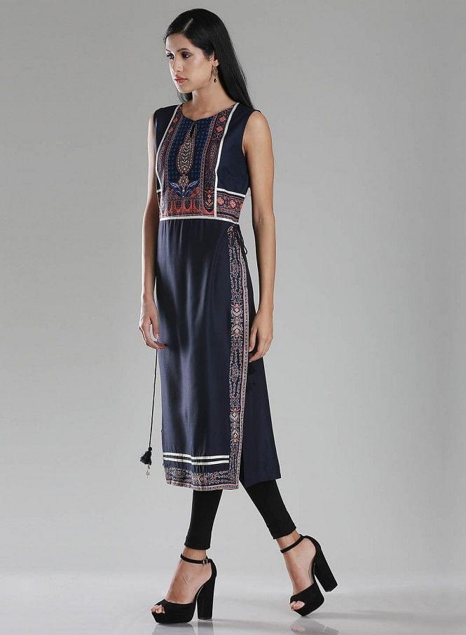 Navy Sleeveless Printed kurta - wforwoman