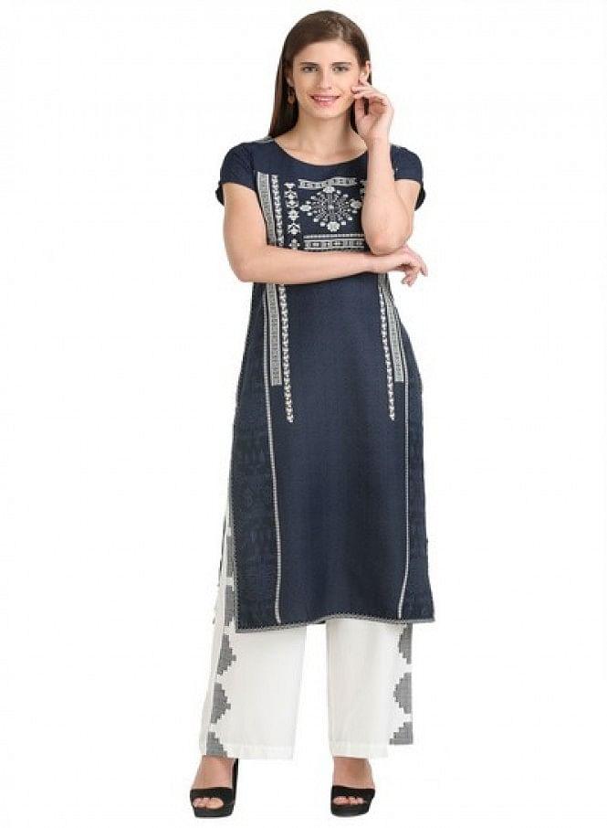 Blue Short Sleeve Printed kurta - wforwoman