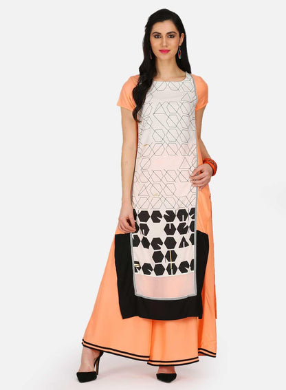 Orange &amp; White Printed kurta - wforwoman