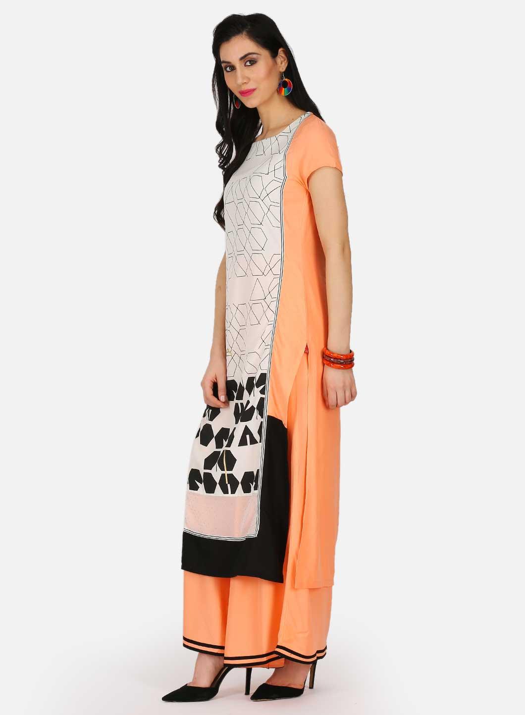 Orange &amp; White Printed kurta - wforwoman