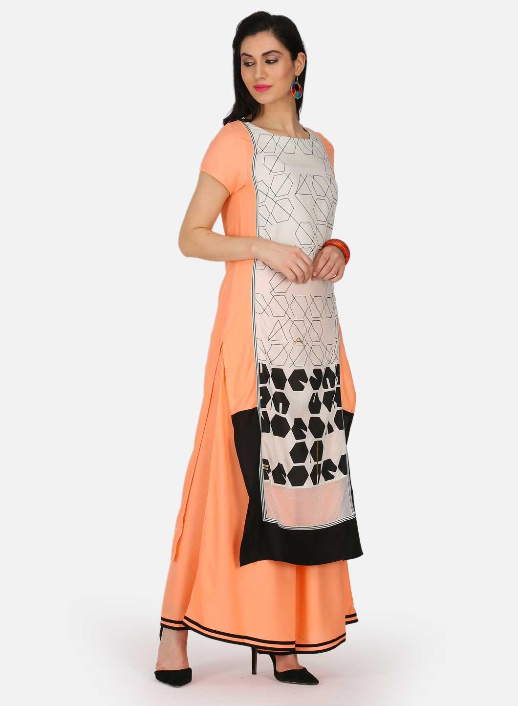 Orange &amp; White Printed kurta - wforwoman