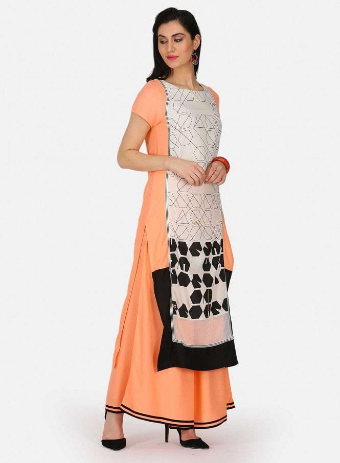 Orange &amp; White Printed kurta - wforwoman