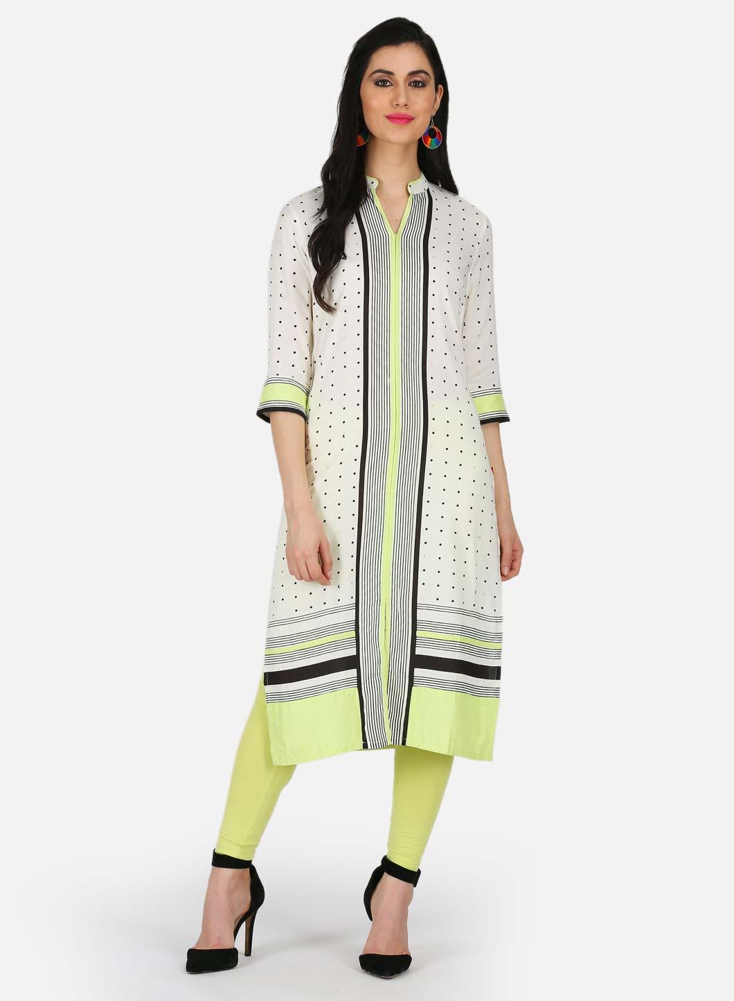 White Printed Mandarin Neck kurta - wforwoman