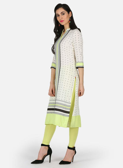 White Printed Mandarin Neck kurta - wforwoman