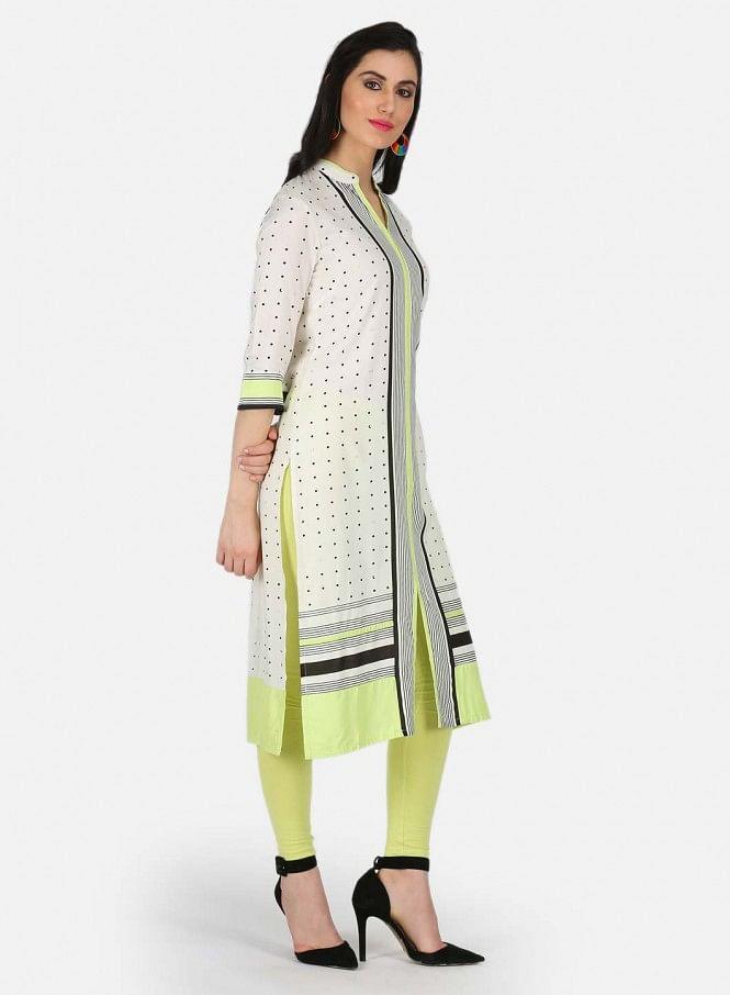 White Printed Mandarin Neck kurta - wforwoman