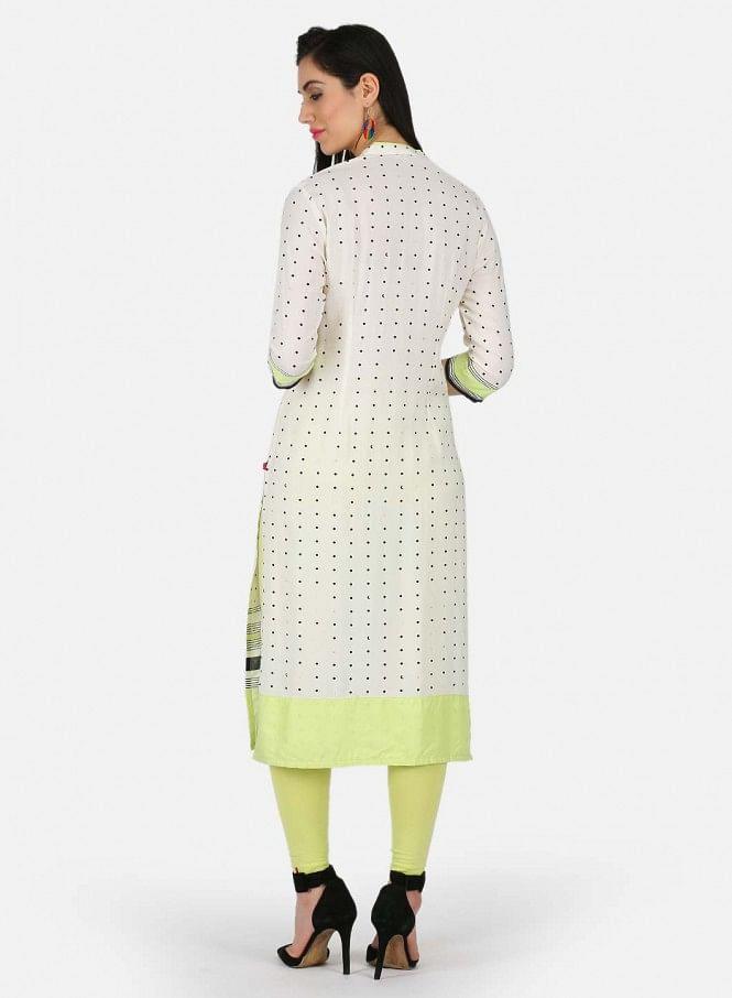 White Printed Mandarin Neck kurta - wforwoman