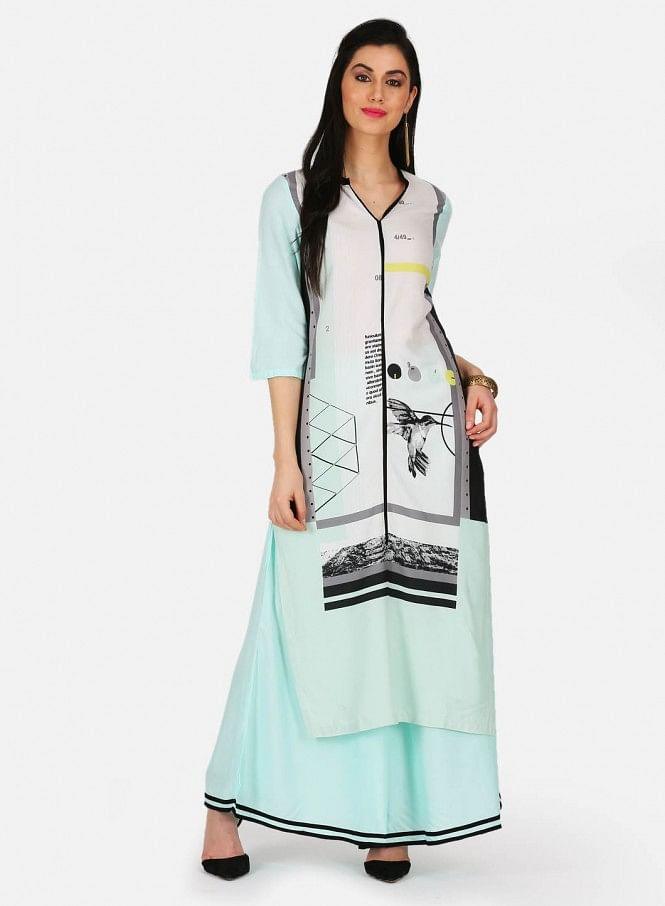 White &amp; Blue Printed kurta - wforwoman