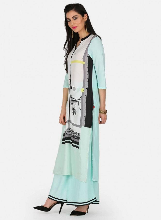 White &amp; Blue Printed kurta - wforwoman