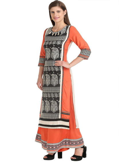 Peach-coloured &amp; Black 3/4 Sleeve Printed kurta - wforwoman