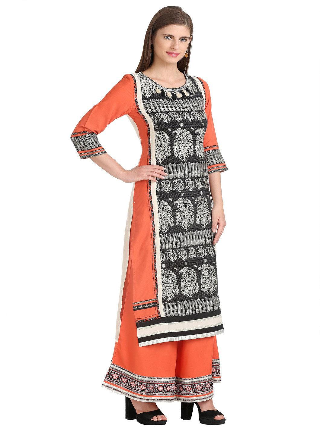 Peach-coloured &amp; Black 3/4 Sleeve Printed kurta - wforwoman