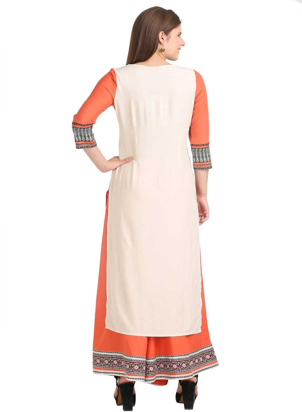 Peach-coloured &amp; Black 3/4 Sleeve Printed kurta - wforwoman