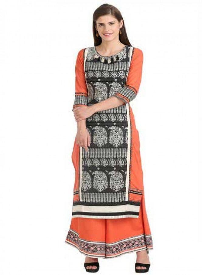 Peach-coloured &amp; Black 3/4 Sleeve Printed kurta - wforwoman