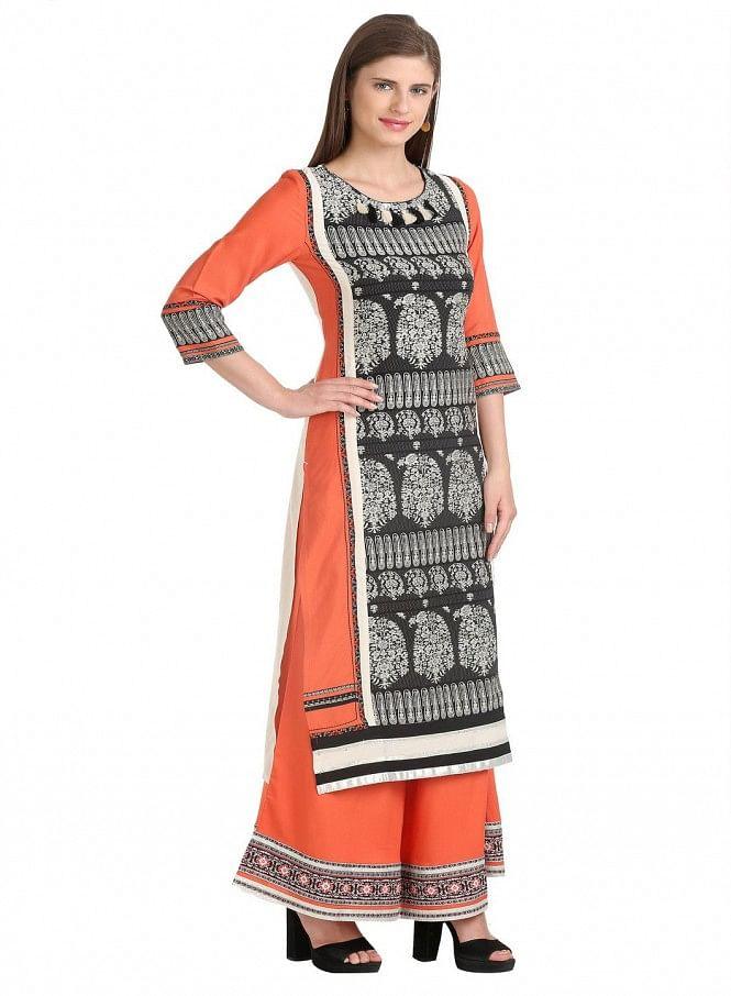 Peach-coloured &amp; Black 3/4 Sleeve Printed kurta - wforwoman