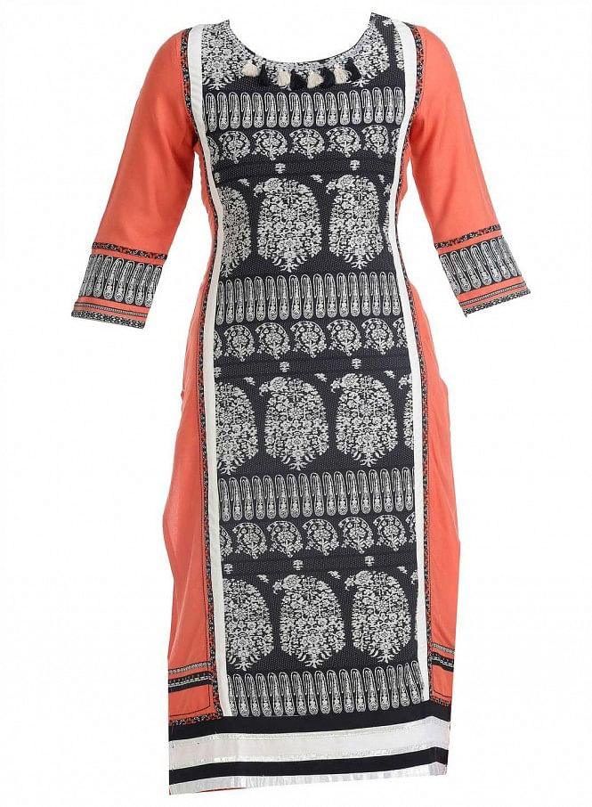 Peach-coloured &amp; Black 3/4 Sleeve Printed kurta - wforwoman