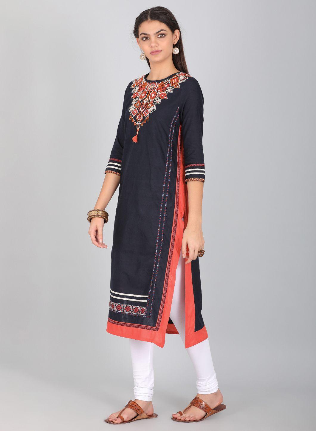 Blue Round Neck Embroidered kurta - wforwoman