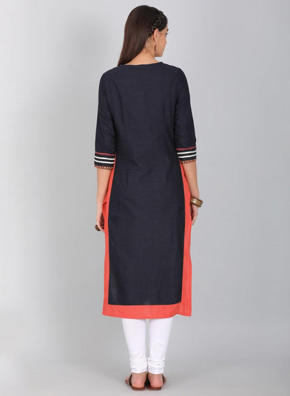 Blue Round Neck Embroidered kurta - wforwoman