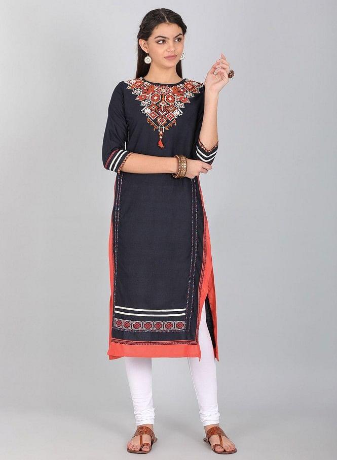 Blue Round Neck Embroidered kurta - wforwoman