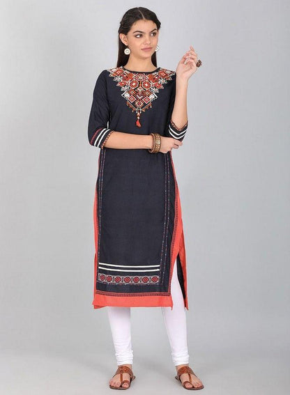 Blue Round Neck Embroidered kurta - wforwoman