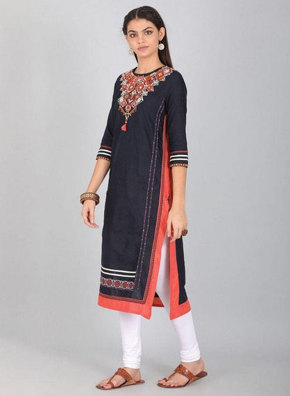 Blue Round Neck Embroidered kurta - wforwoman