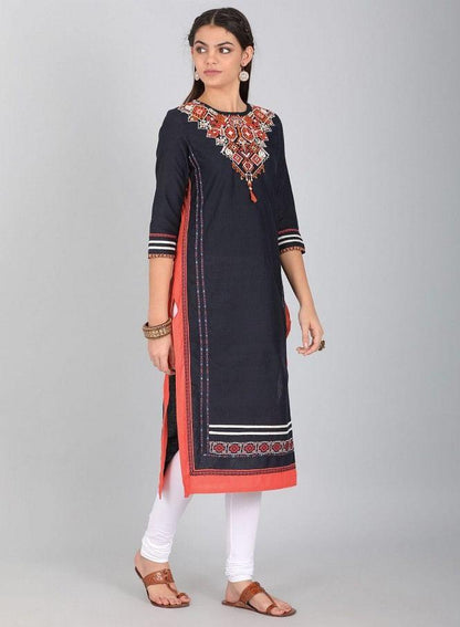 Blue Round Neck Embroidered kurta - wforwoman