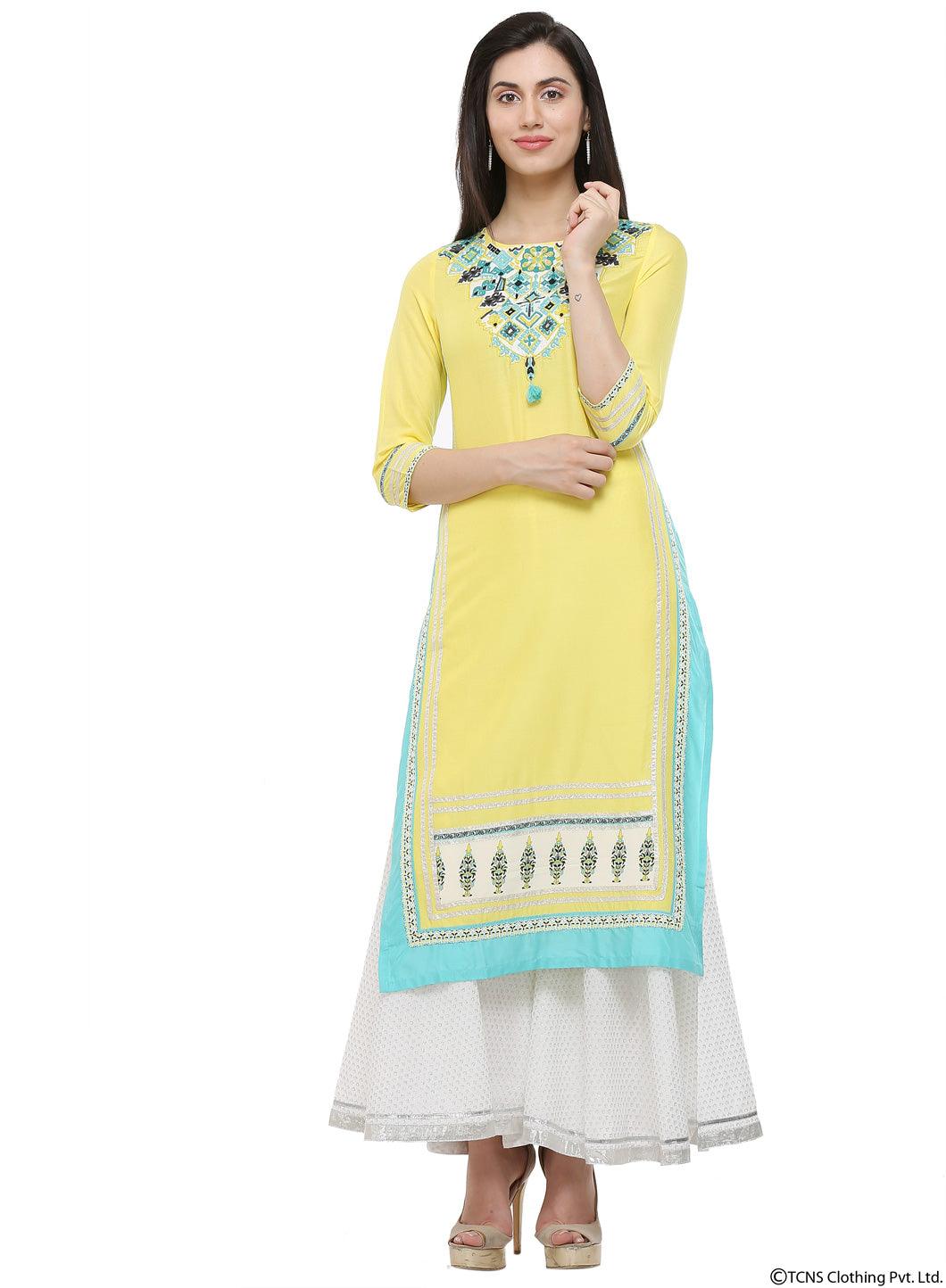 Yellow Round Neck kurta - wforwoman