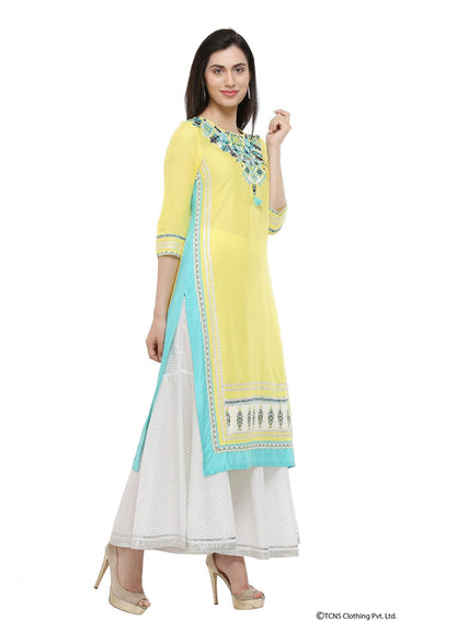 Yellow Round Neck kurta - wforwoman