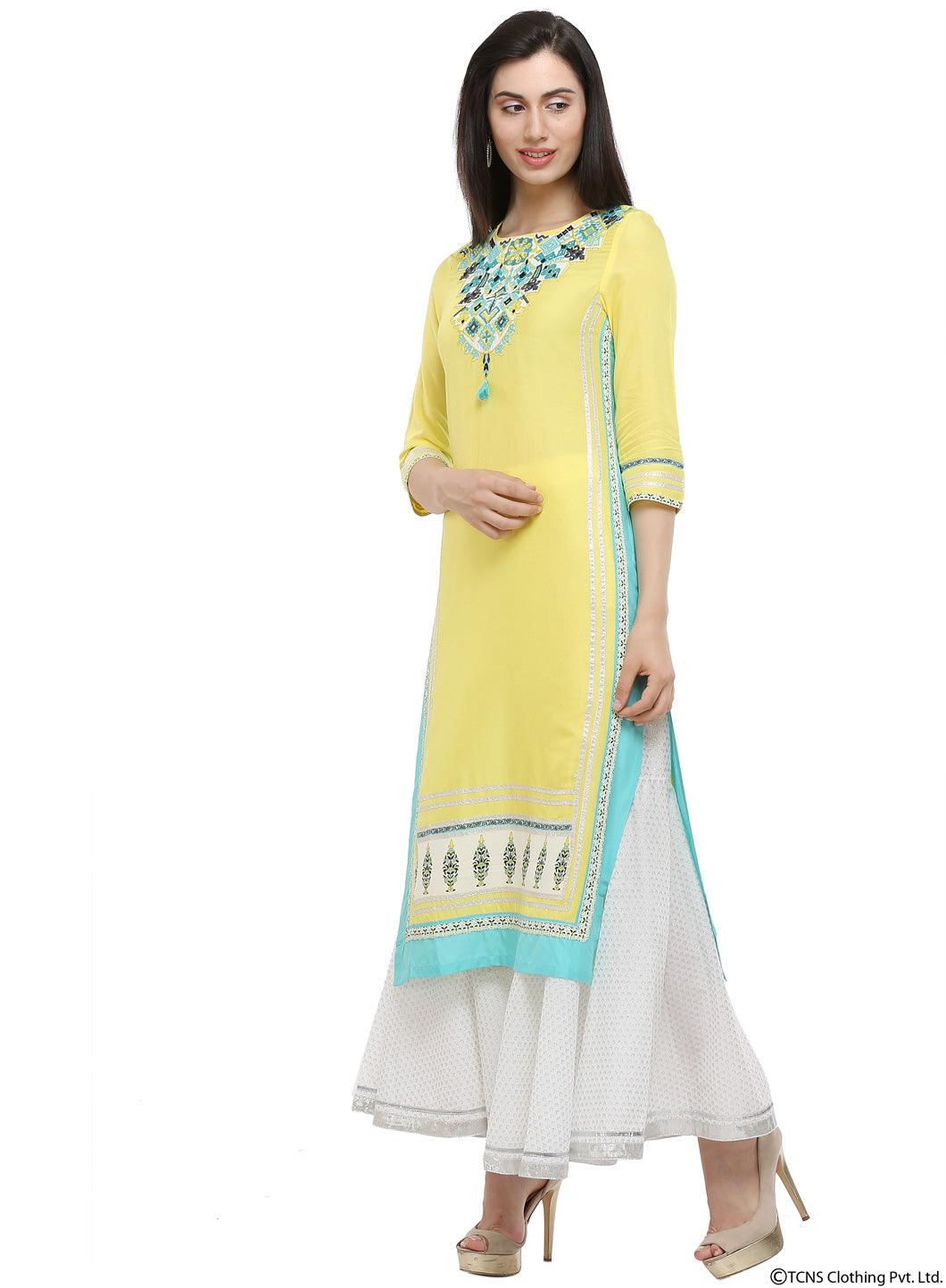 Yellow Round Neck kurta - wforwoman