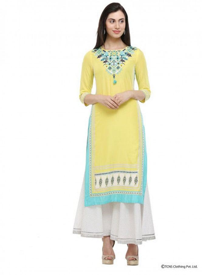 Yellow Round Neck kurta - wforwoman