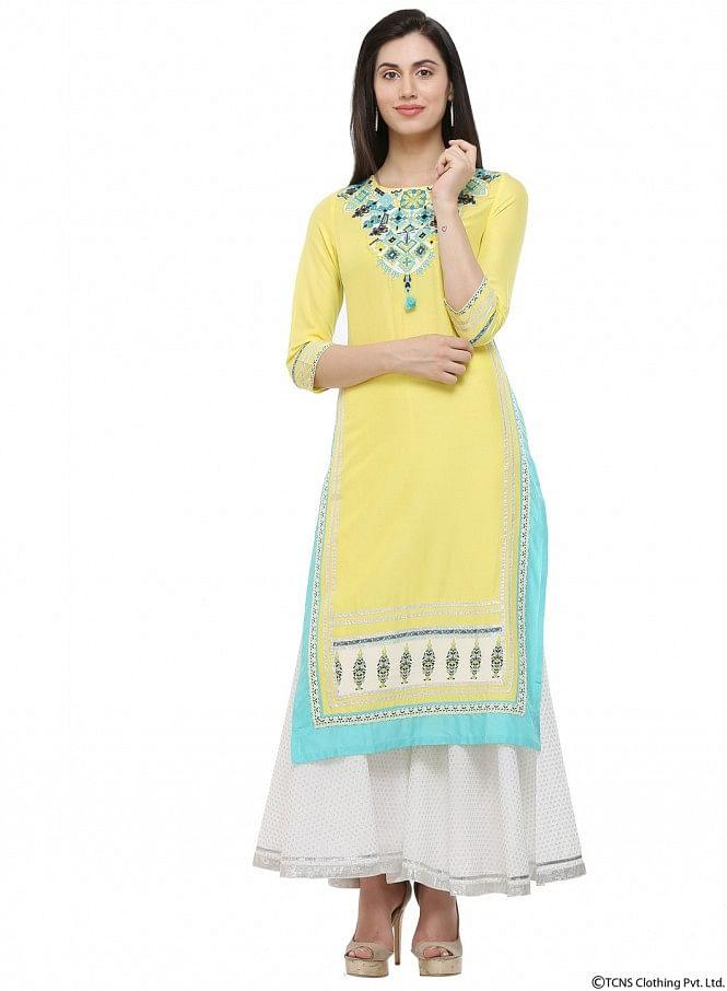 Yellow Round Neck kurta - wforwoman