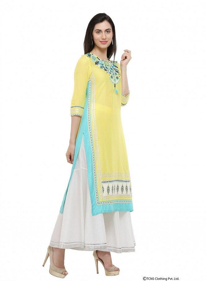 Yellow Round Neck kurta - wforwoman